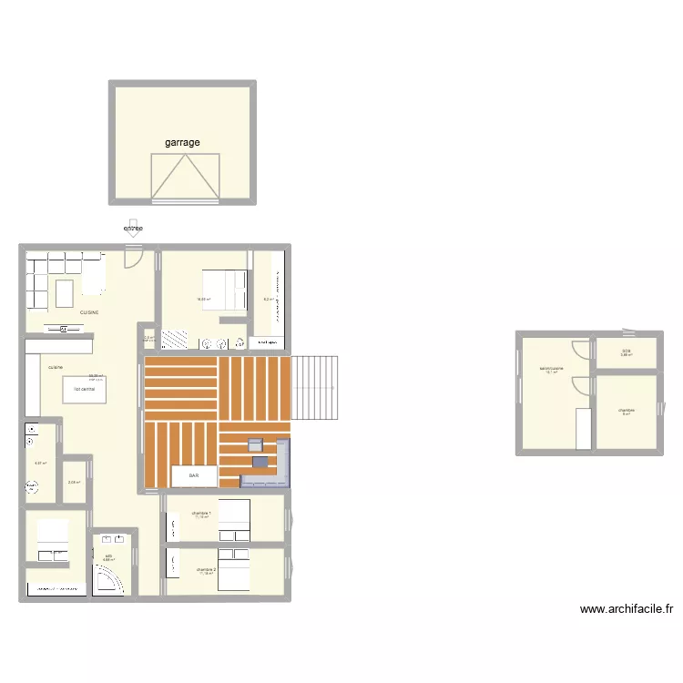 maison en U. Plan de 14  et 181 m²