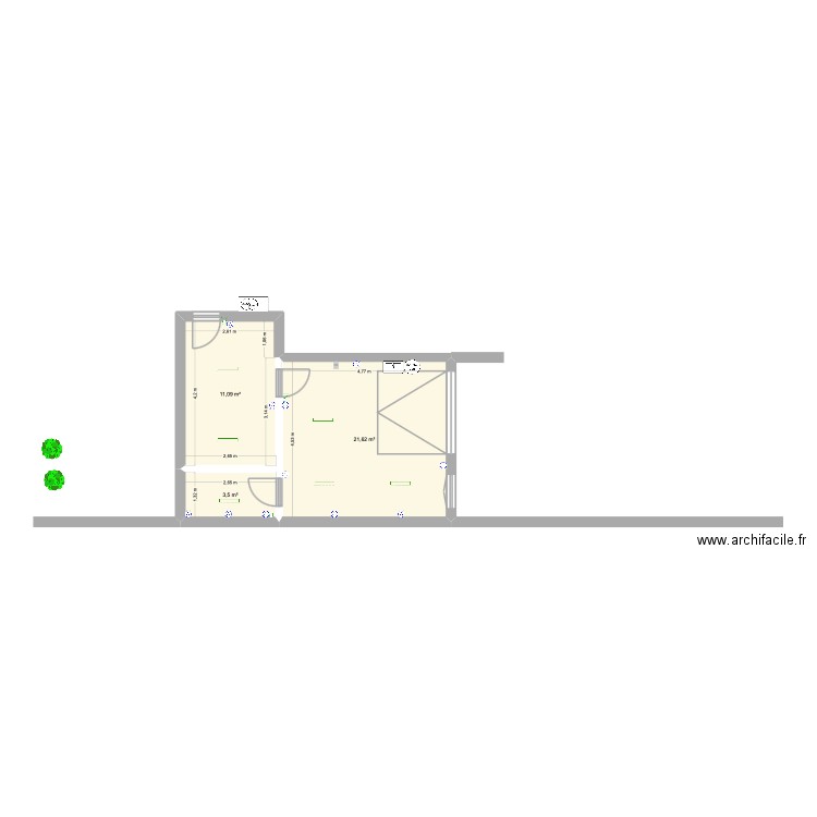 Atelier. Plan de 3 pièces et 36 m2