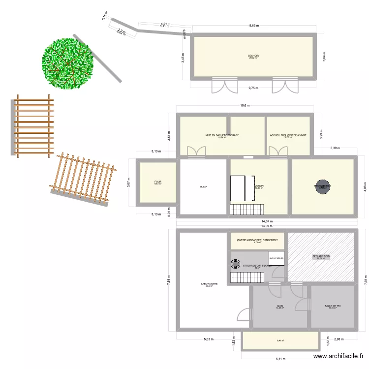 Moulin. Plan de 14  et 227 m²