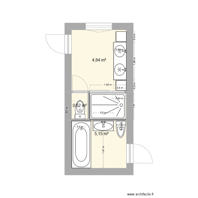 SDB1 et SDB2. Plan de 3 pièces et 11 m2