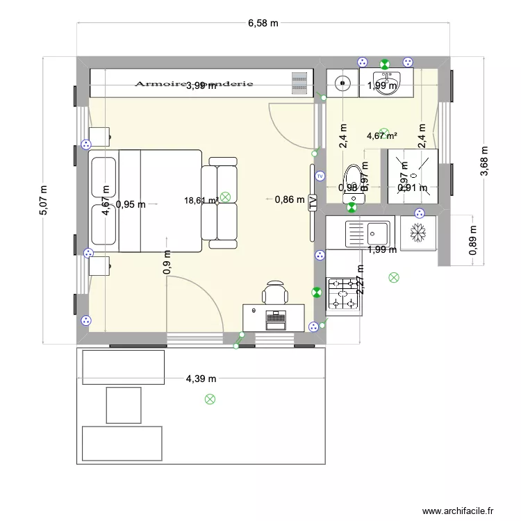 BUNGALOW 4.10 def Yllan elec. Plan de 2  et 23 m²
