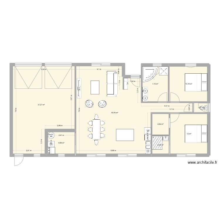 2 chambres. Plan de 9 pièces et 129 m2