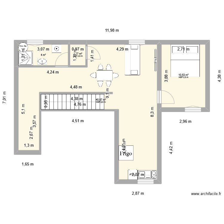 r+1 droite. Plan de 4 pièces et 57 m2