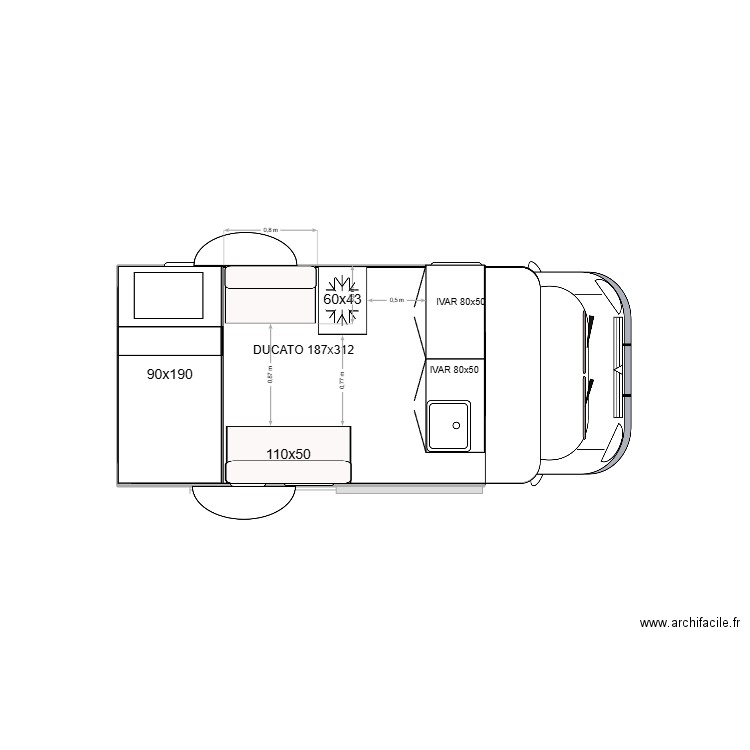 VAN cuisine transversale alt. Plan de 1 pièce et 6 m2