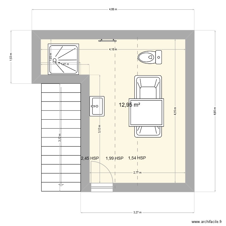 SDB Oléron. Plan de 1 pièce et 13 m2