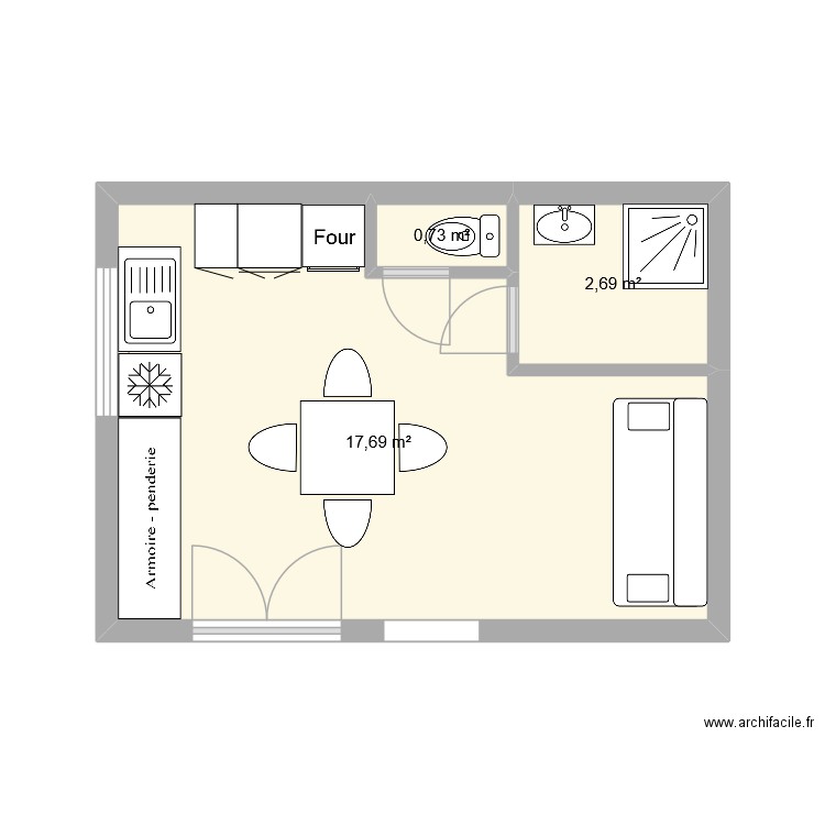 studio 2. Plan de 3 pièces et 21 m2
