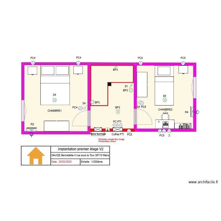  Implantation premier étage V2. Plan de 4 pièces et 26 m2