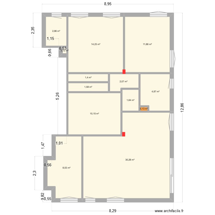denfert. Plan de 13 pièces et 89 m2