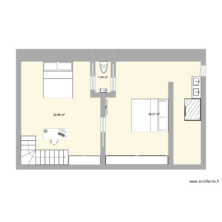 Chambre parentale et bureau. Plan de 3 pièces et 51 m2