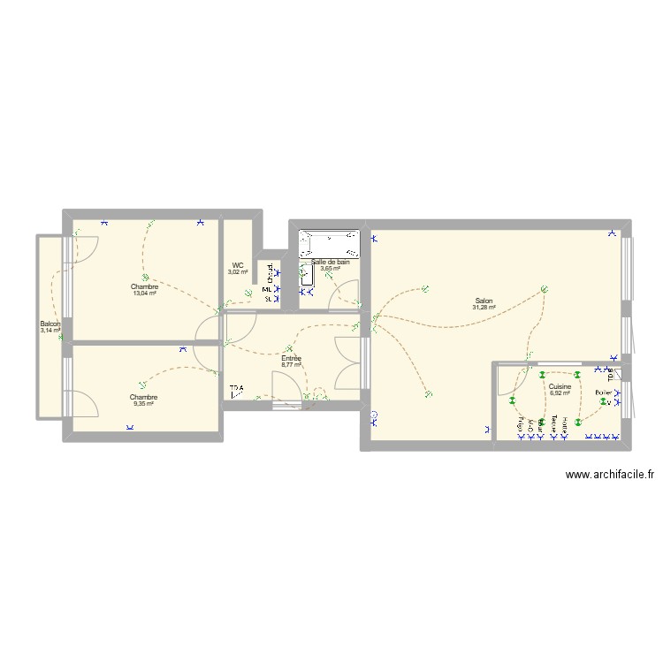 Stationleibis. Plan de 8 pièces et 79 m2