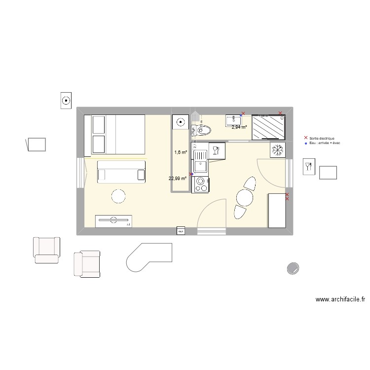 Sépastopol aménagé v7. Plan de 3 pièces et 28 m2