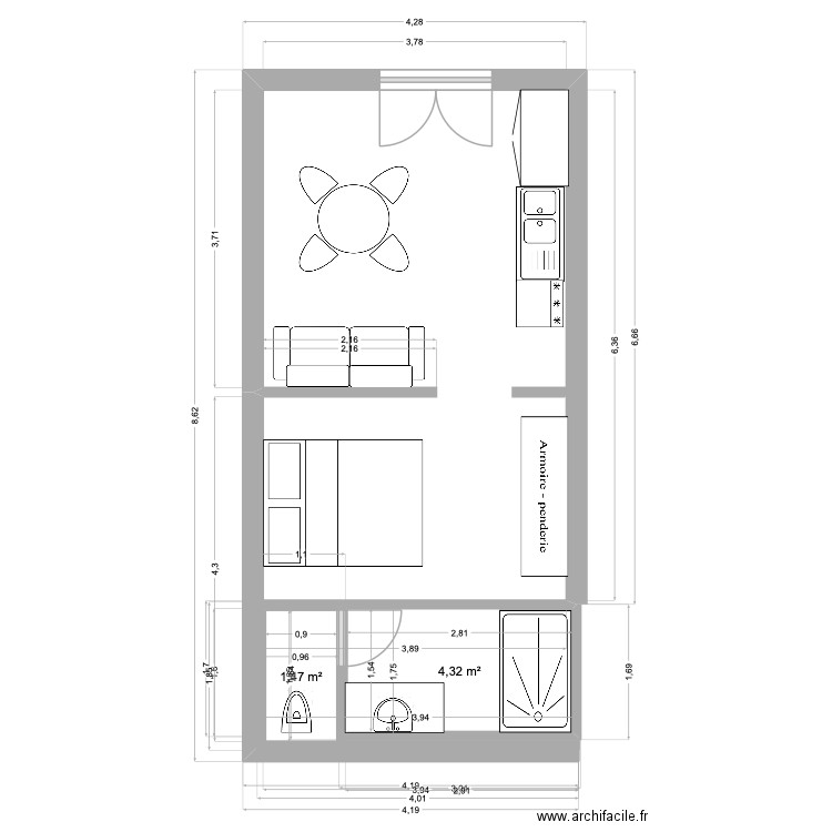 JUJU 1. Plan de 2 pièces et 6 m2