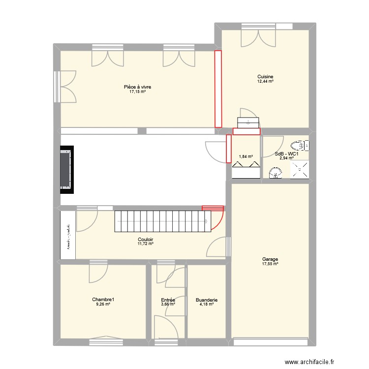 RdC. Plan de 9 pièces et 81 m2
