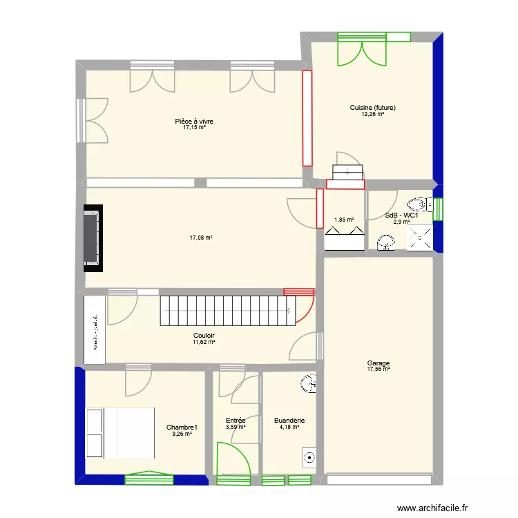 RdC. Plan de 10 pièces et 97 m²