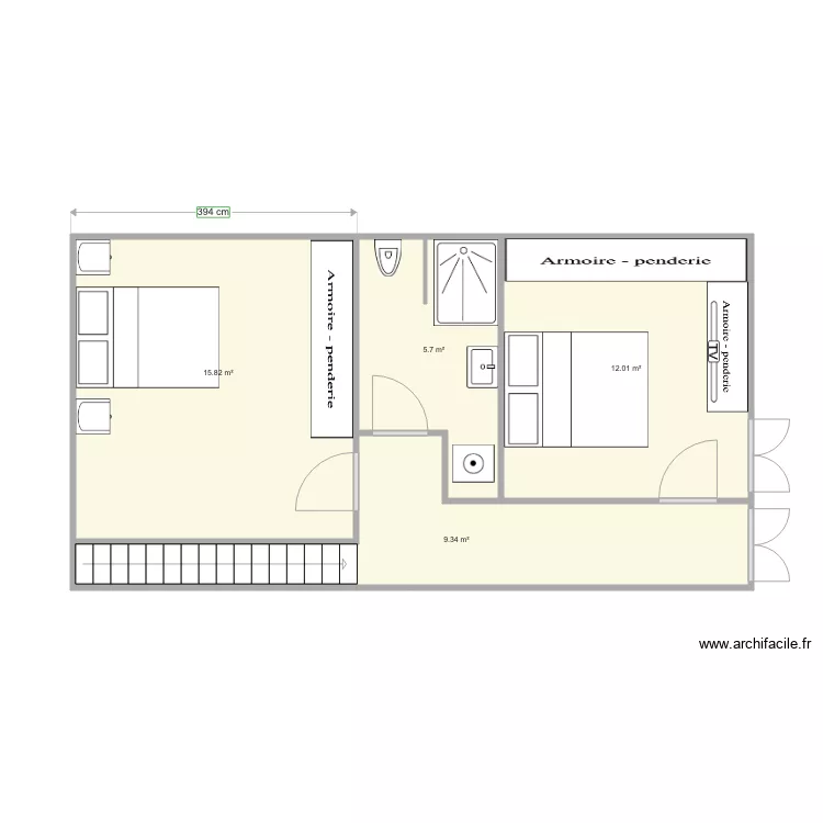 Plan avec modif cloison - 2 eme étage. Plan de 4 pièces et 43 m² Plan avec modif cloison - 2 eme étage. Plan de 4 pièces et 43 m²
