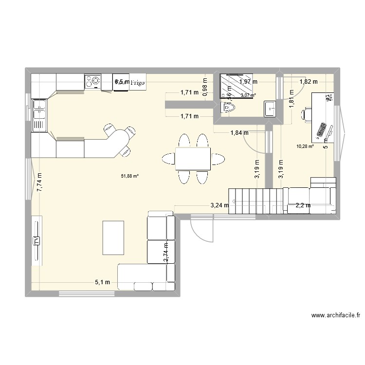 Plan maison St Pierre RDC #1. Plan de 3 pièces et 65 m2