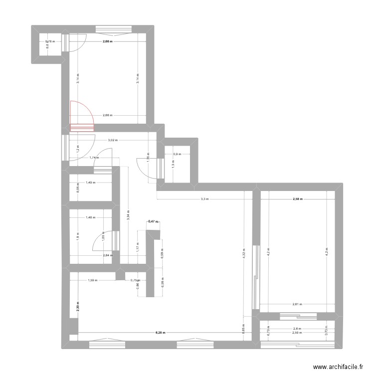 cuisine ouverte. Plan de 7 pièces et 59 m2