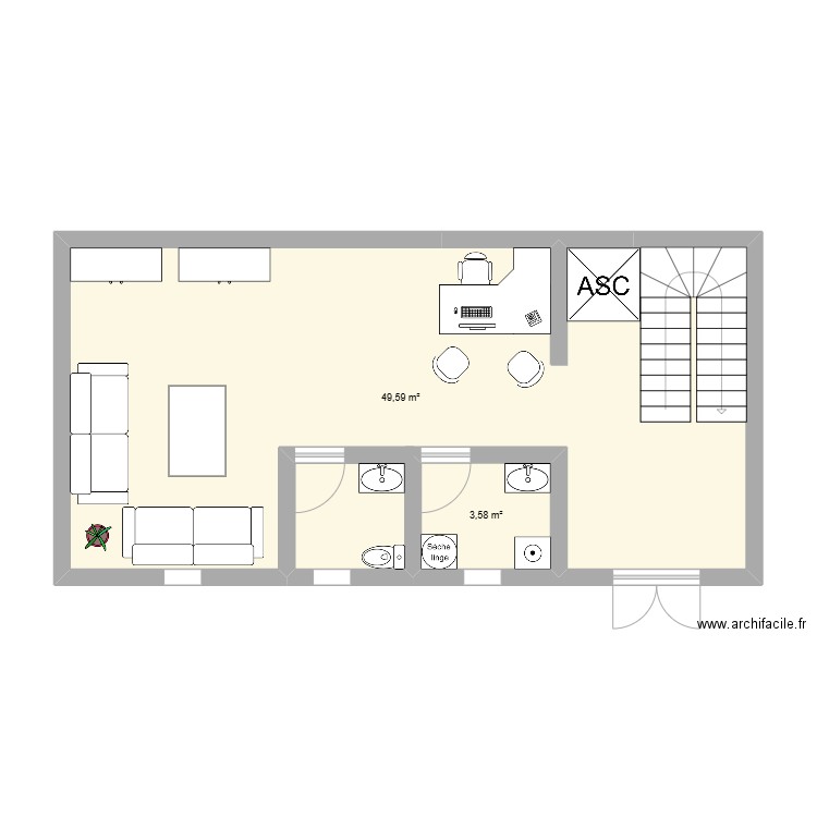 acceuil SPA or blanc. Plan de 2 pièces et 53 m2