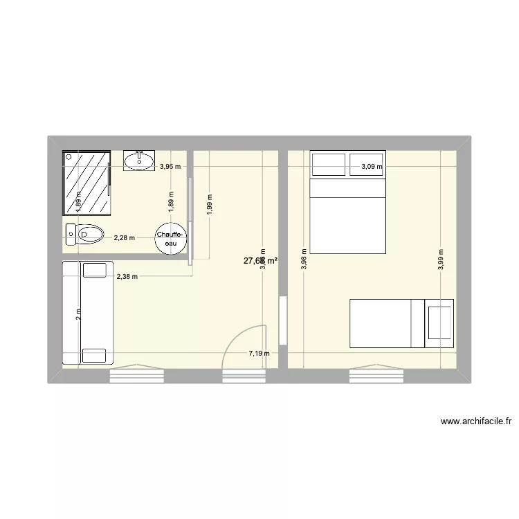 Logement 2 pi&egrave;ces. Plan de 1  et 28 m²