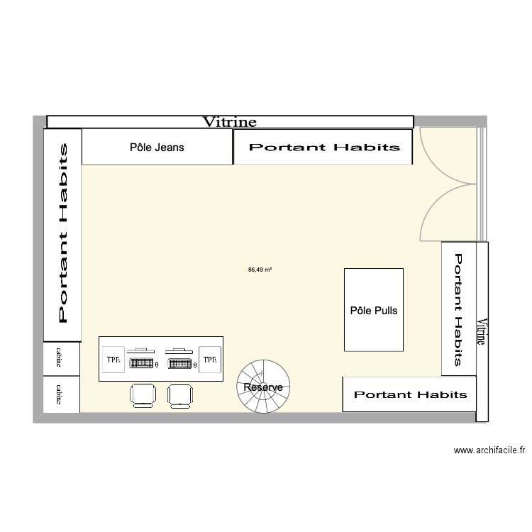 magasin. Plan de 1 pièce et 86 m2