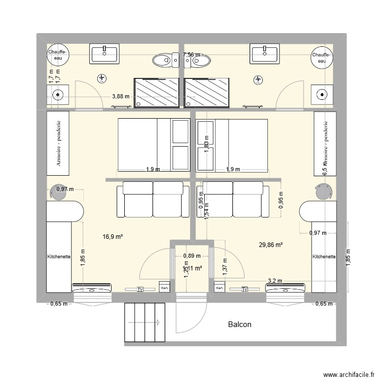RDC - 1. Plan de 3 pièces et 48 m2