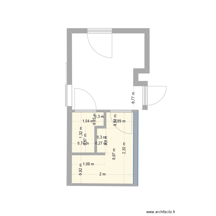 SDB WC sans Trappe. Plan de 2 pièces et 4 m2