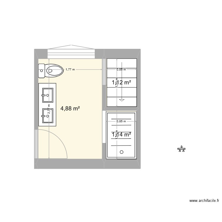 Sdb. Plan de 3 pièces et 7 m2