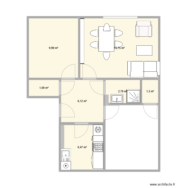 appart. Plan de 7 pièces et 44 m2