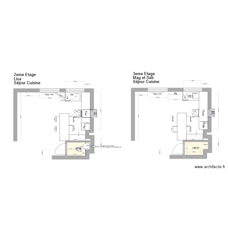 projet cuisine. Plan de 2 pièces et 3 m2