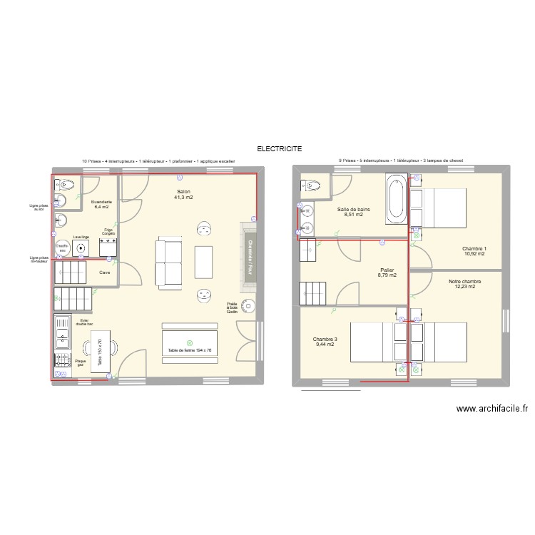 Electricité. Plan de 5 pièces et 100 m2