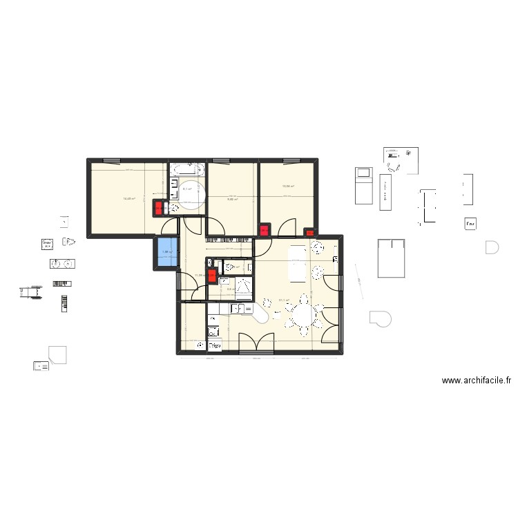 plan final - mobilier selon plan initial. Plan de 15 pièces et 89 m2