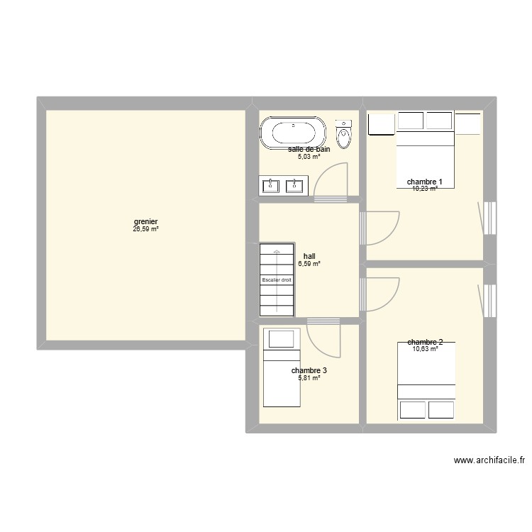 eclans etage. Plan de 6 pièces et 65 m2