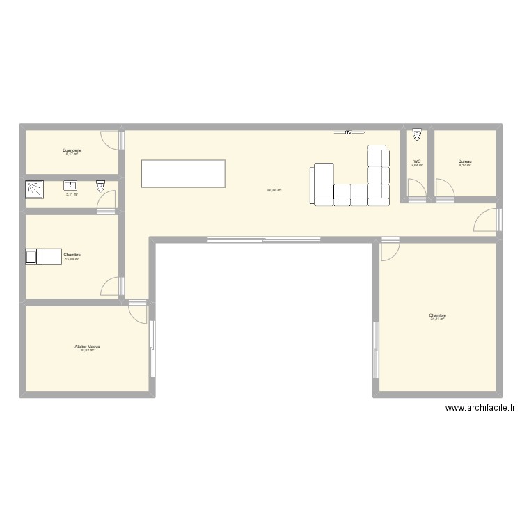 maison U 2. Plan de 8 pièces et 162 m2