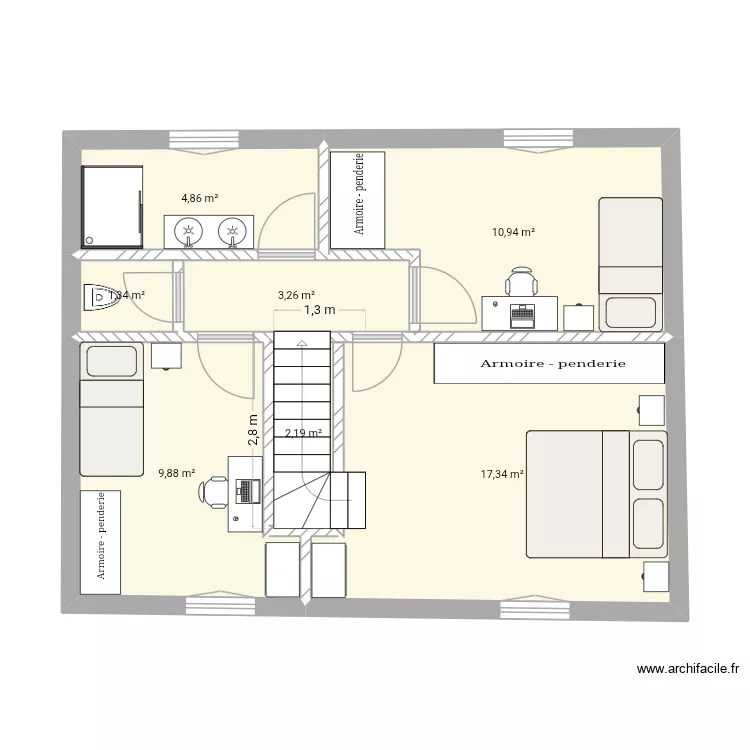 Etage escalier tournant. Plan de 7  et 50 m²