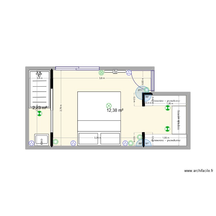 suite parentale. Plan de 2 pièces et 15 m2