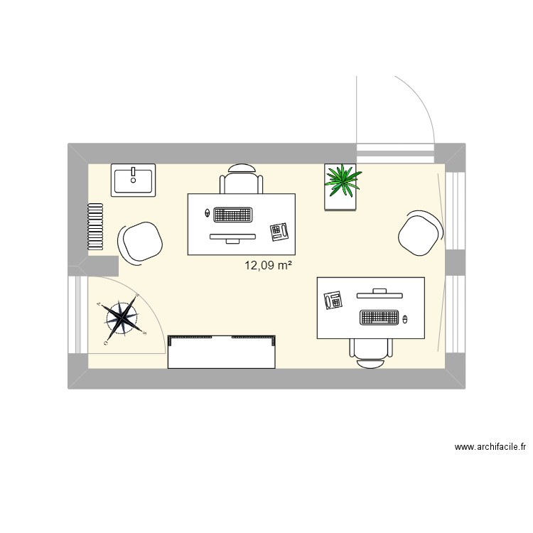 bureau double. Plan de 1 pièce et 12 m2