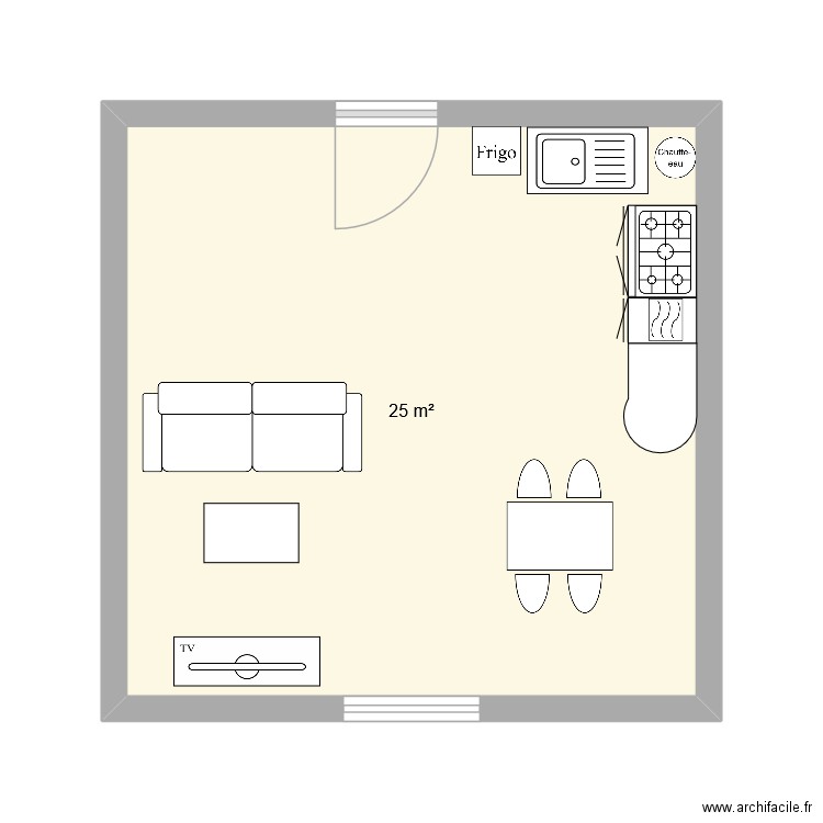 salon cuisine. Plan de 1 pièce et 25 m2