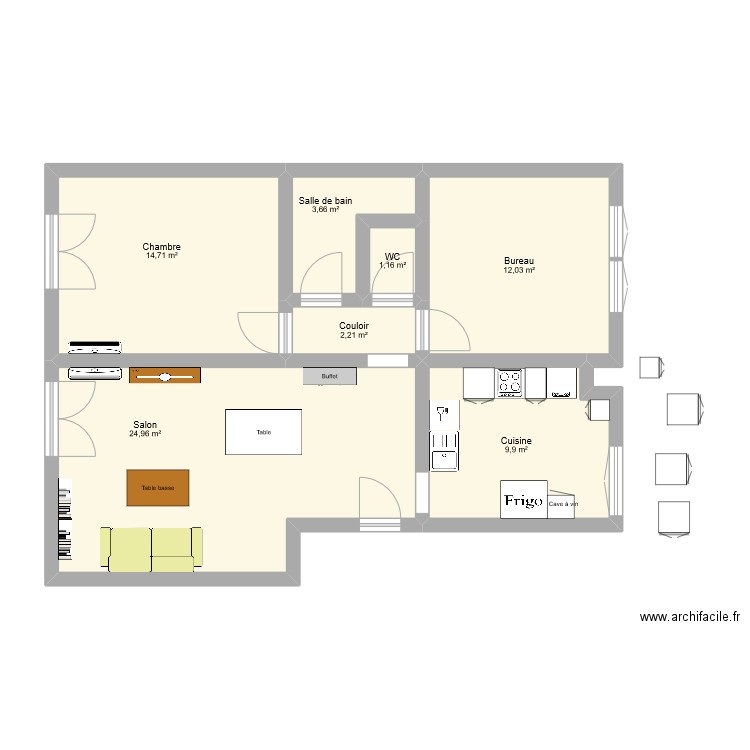 Cuisine. Plan de 7 pièces et 69 m2