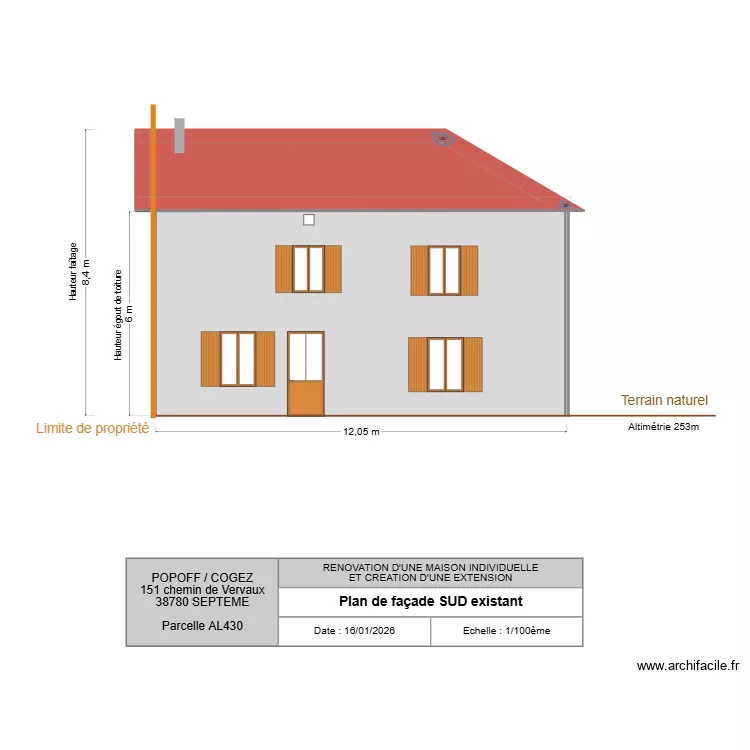 PLAN FACADE SUD existant. Plan de 1  et 24 m²