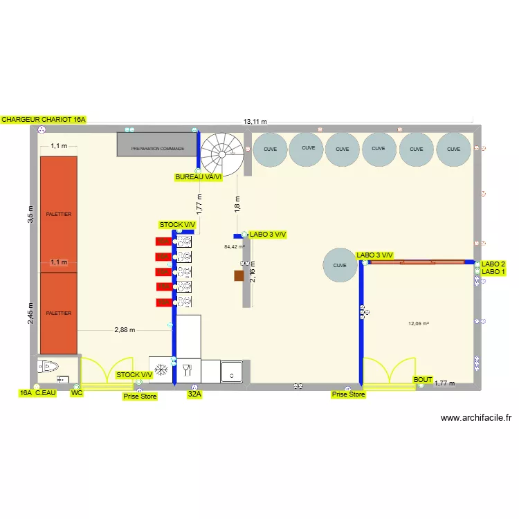 LABO ET STOCKAGE SALERNES elec. Plan de 3  et 98 m²
