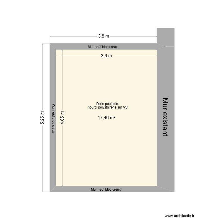 Plancher béton extension. Plan de 2 pièces et 35 m2