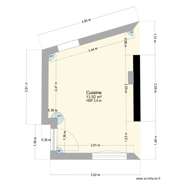 Cuisine. Plan de 1 pièce et 14 m2