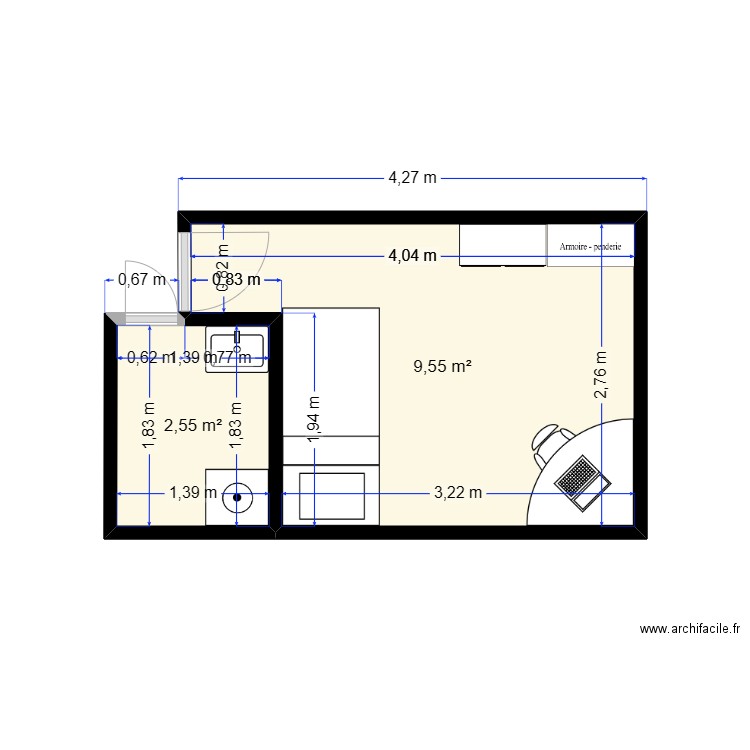 Chambre Louise. Plan de 2 pièces et 12 m2