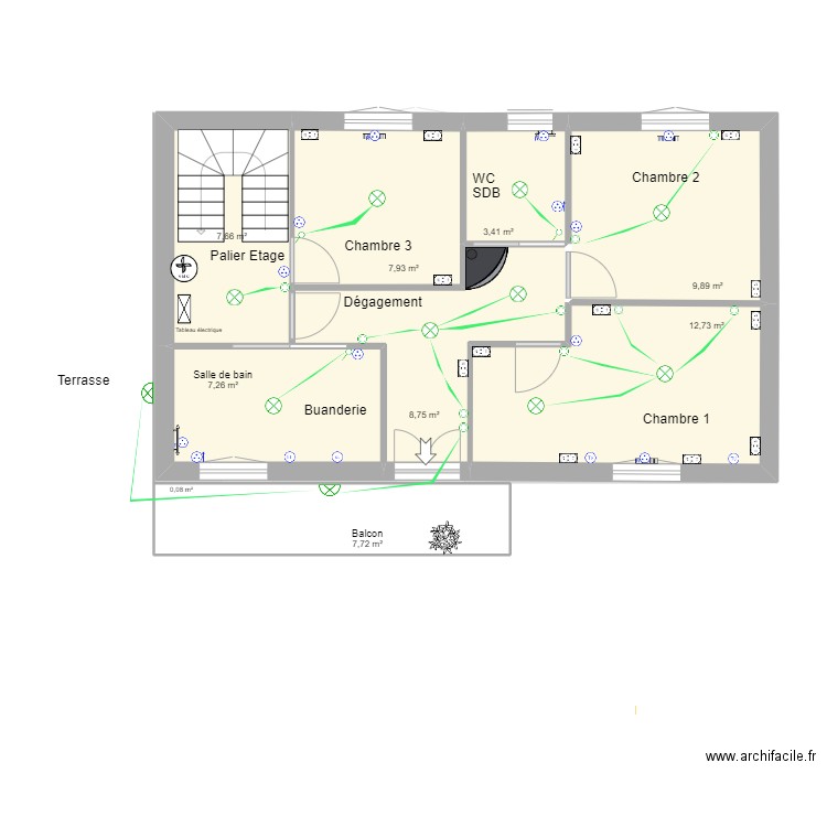 Implant appareillage Elec. Plan de 14 pièces et 124 m2