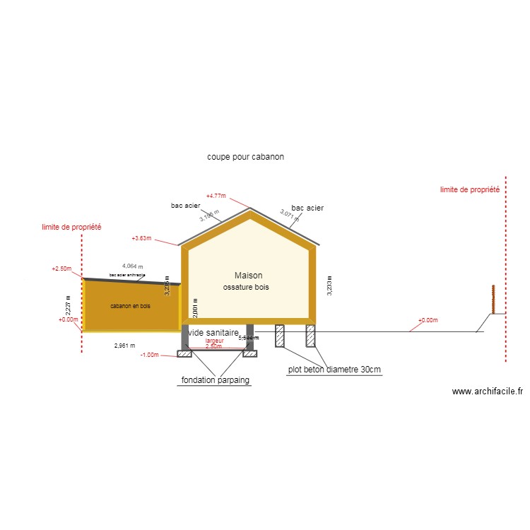 coupe  déclaration préalable construction. Plan de 2 pièces et 26 m2