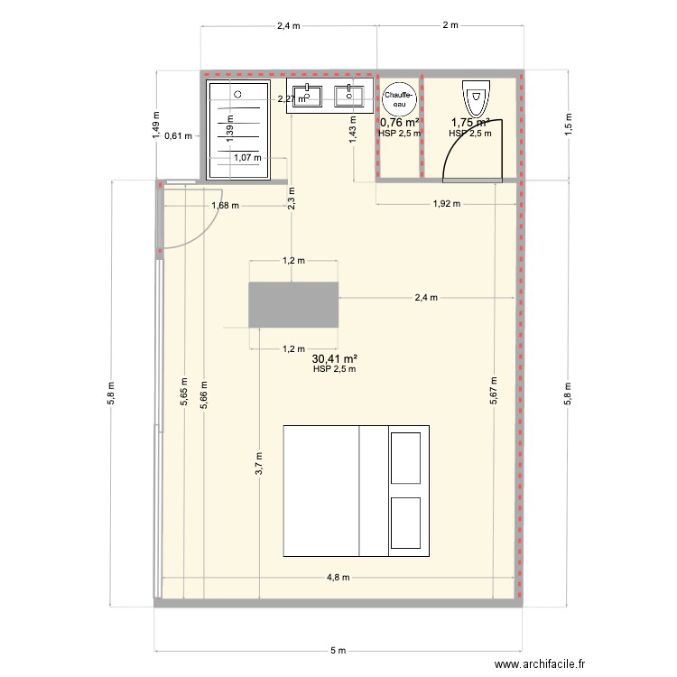 franco Espagne. Plan de 3 pièces et 33 m2