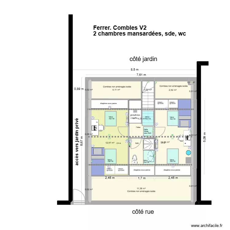 Ferrer, Combles, 2ch, sde, V2. Plan de 14  et 54 m²