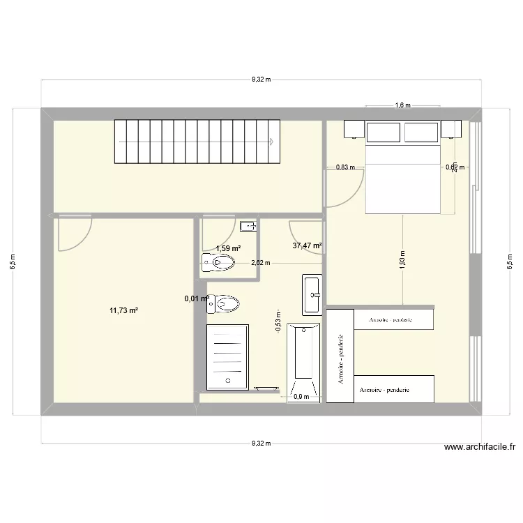 Grande salle de bain - 9 - 1 portes d'acc&egrave;s. Plan de 5 pièces et 51 m²