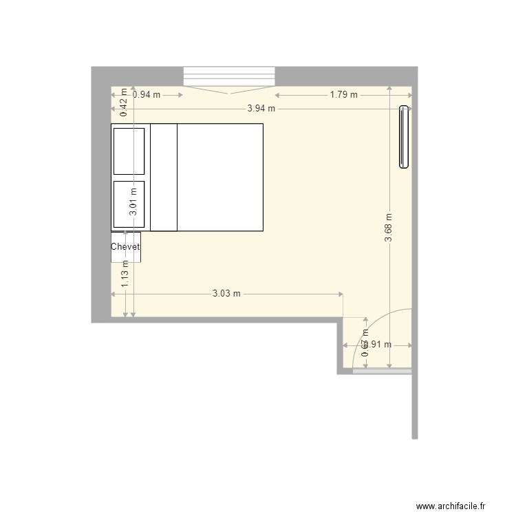 Chambre 1bis meubles. Plan de 1 pièce et 12 m2