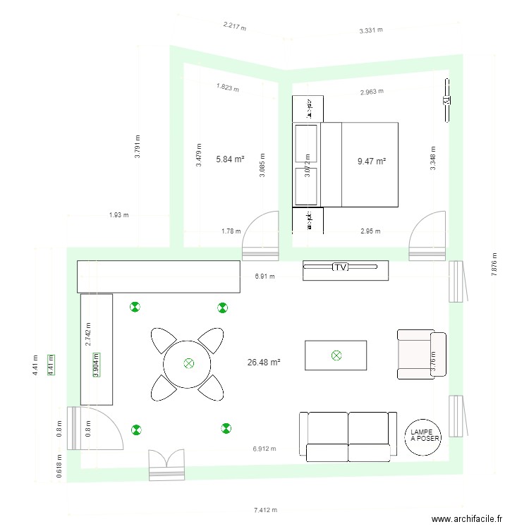 apt 201 bis. Plan de 3 pièces et 42 m2